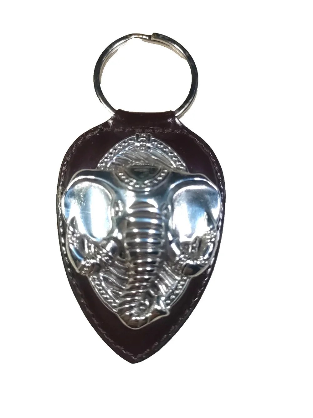 Barse Brown Leather Silver Tone Elephant Keychain